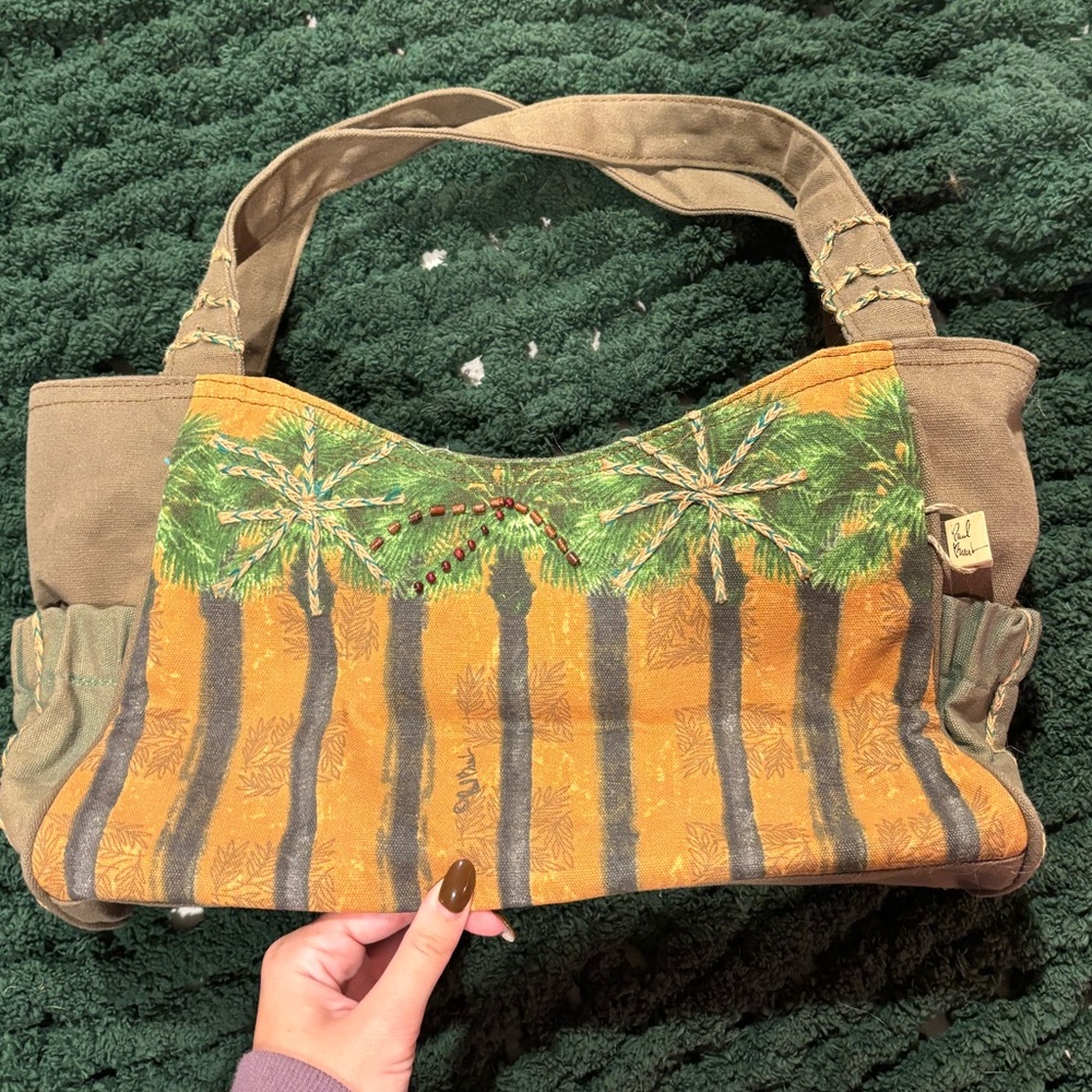Paul Brent Beach Life Palm Tree Pattern Shoulder Bag Wood Zipper Pull Appliqué